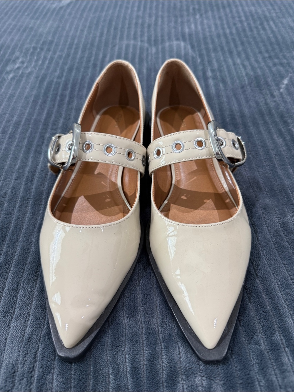 Maeve Patent Pointed Mary Jane Flats in Cream with Silver Buckle